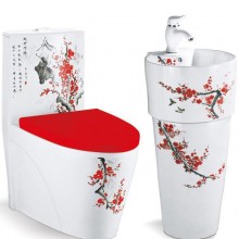 樱花卫浴 中国风手绘马桶手彩座便器 配套彩花马桶立柱盆 批发