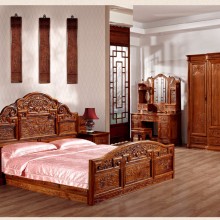 汇品轩富贵大床、床头柜 实木床 中式古典全实木雕花双人大床 全实木雕花卧室家具组合