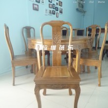 现代中式雕花圆桌 一桌六椅 橡木实木成套餐桌椅 现代复古餐桌椅