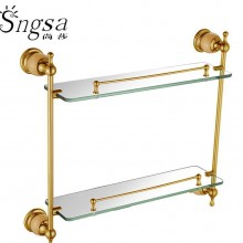尚莎卫浴金色松香黄批发卫浴镜前化妆架 双层收纳钢化玻璃置物架