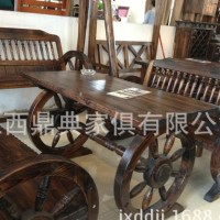 户外休闲桌椅厂家 碳化木车轮椅子户外休闲桌椅