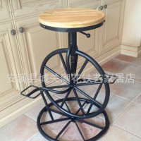 美式仿古实木做旧铁艺吧台椅旋转升降椅休闲椅创意车轮椅