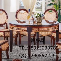 箐藤屋 圆餐桌藤椅组合7件套 餐厅茶艺藤餐桌椅801-2